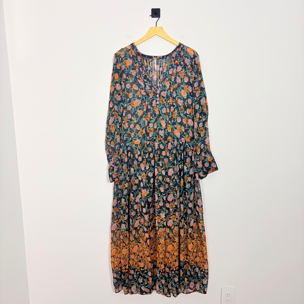 Free People See It Through Floral Long Sleeve Maxi Dress Black Combo Small - Picture 2 of 9
